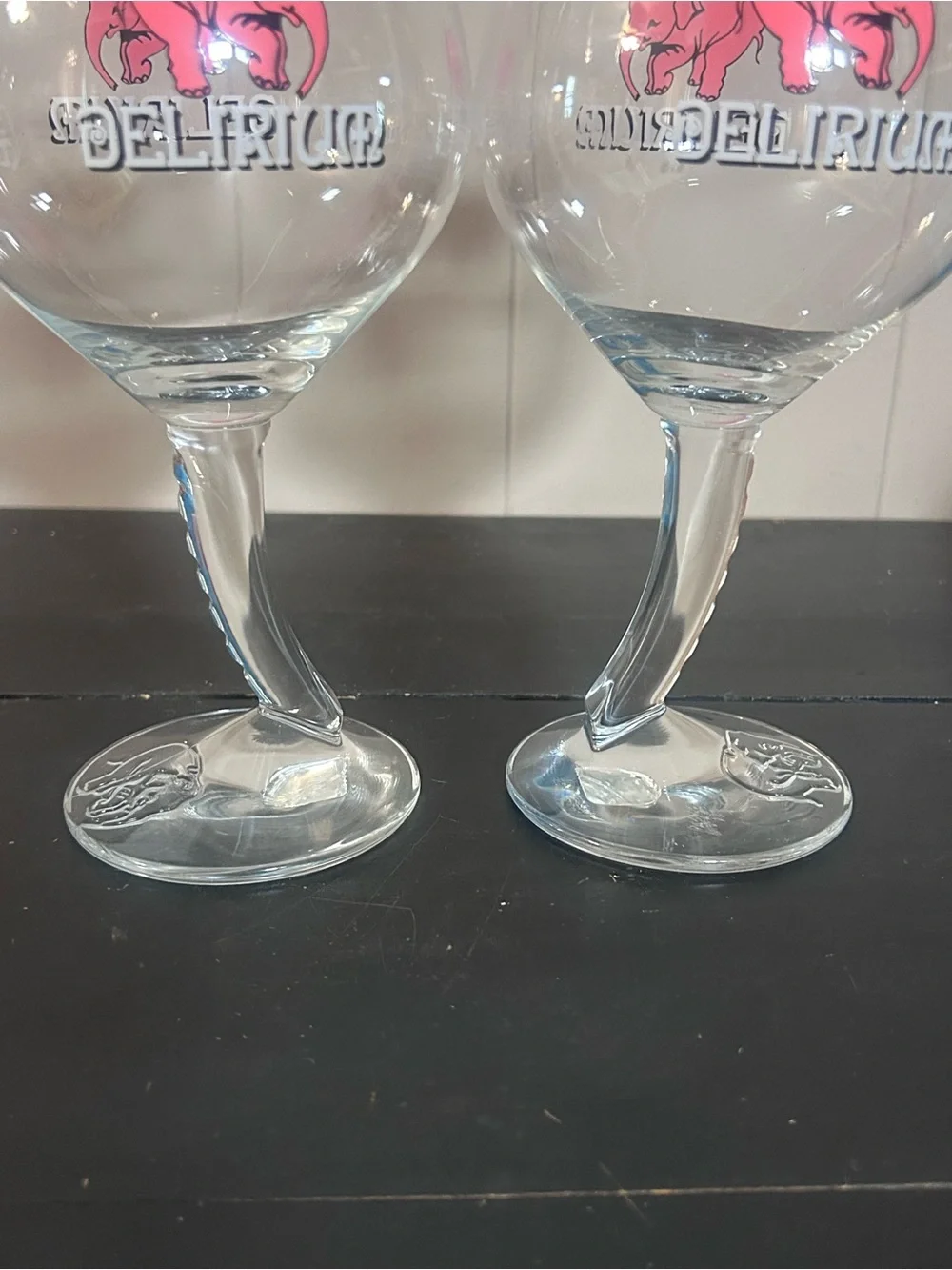 Pair Delirium Tremens Pink Elephant Belgian Beer Goblets Twisted Stem Glasses